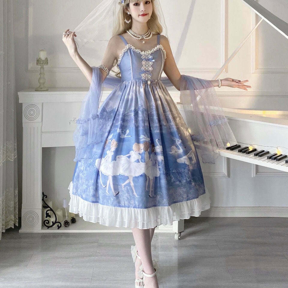 Aqua Sea Swans Kawaii Princesscore Ballet Dress for Gen Z Fashion