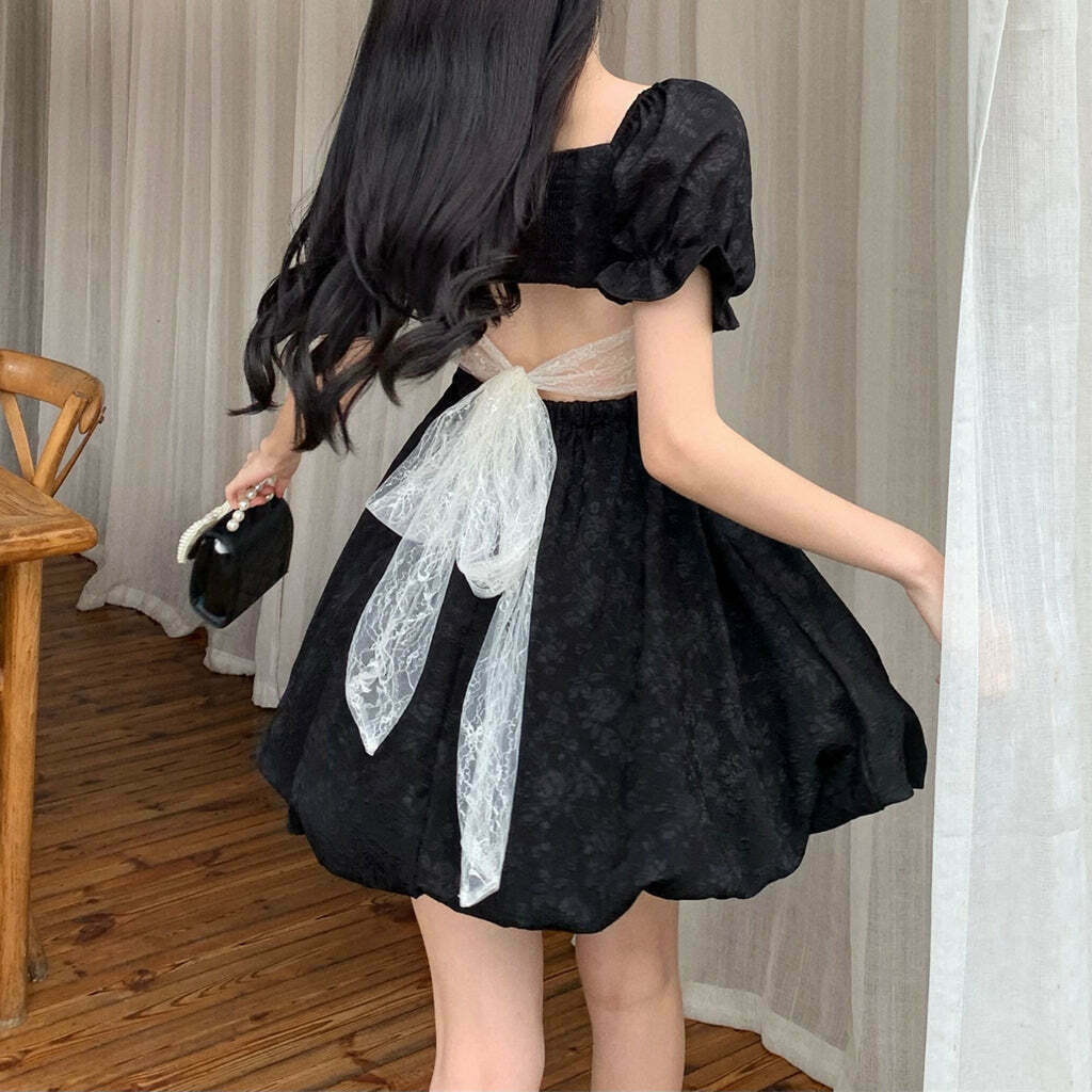 Black Backless Bowknot Puff Sleeve Dress - Gen Z K-POP Streetwear