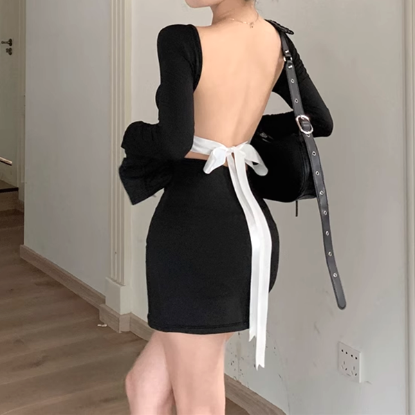 Black Backless Lace-Up Long-Sleeve Dress | Gen Z K-POP Streetwear Y2K Fashion