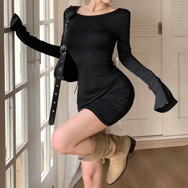 Black Backless Lace-Up Long-Sleeve Dress | Gen Z K-POP Streetwear Y2K Fashion