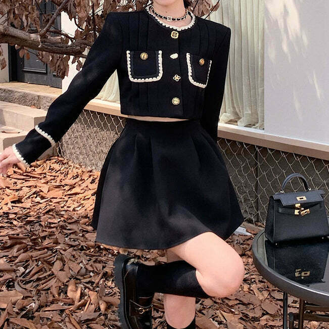 Black Coat Top & High Waist Pleated Skirt Set - Gen Z K-POP Streetwear Y2K