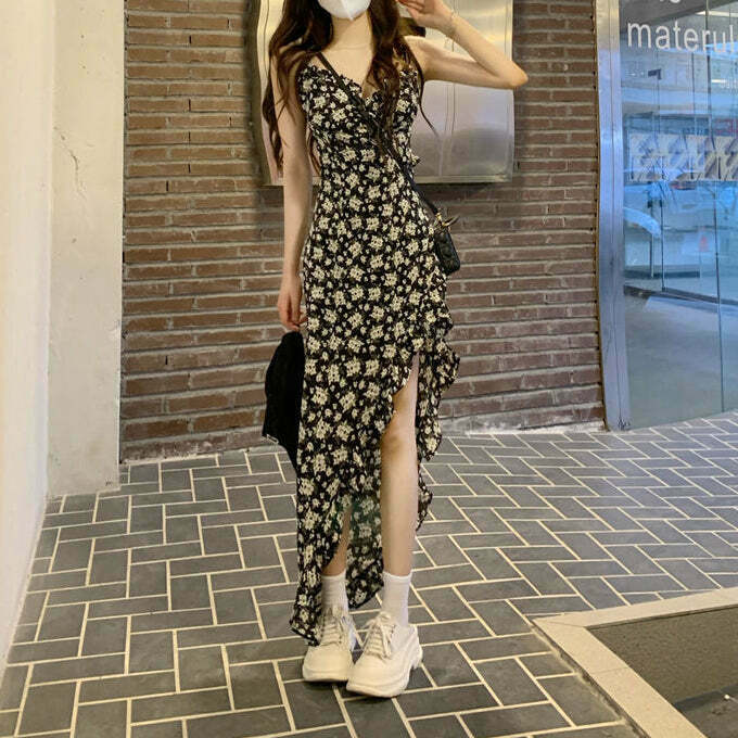 Black Floral Sling Dress with Unique Slit Detail for Gen Z Fashionistas