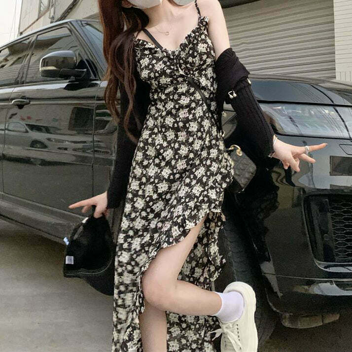 Black Floral Sling Dress with Unique Slit Detail for Gen Z Fashionistas