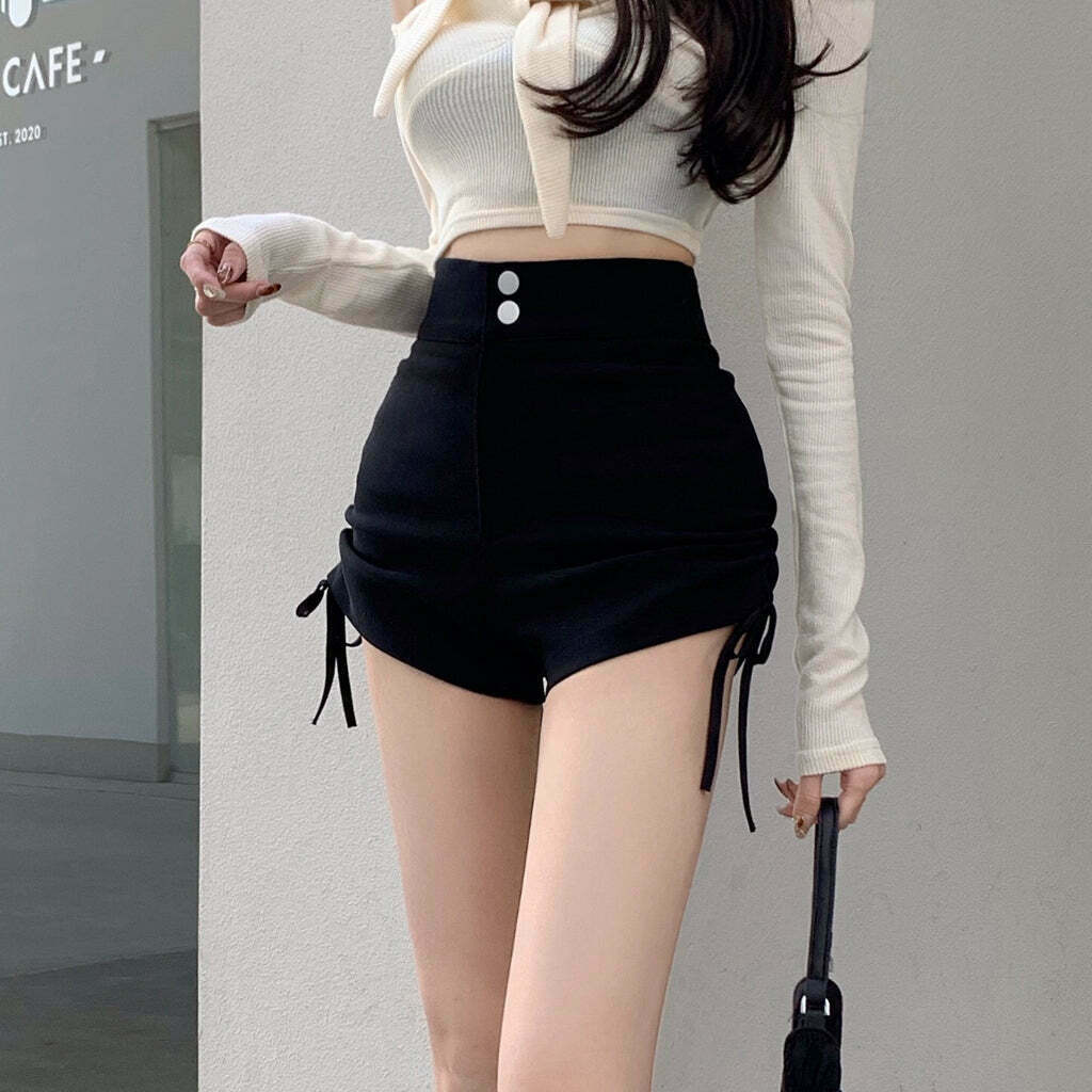 Black High Waist Drawstring Shorts: Gen Z K-POP Streetwear