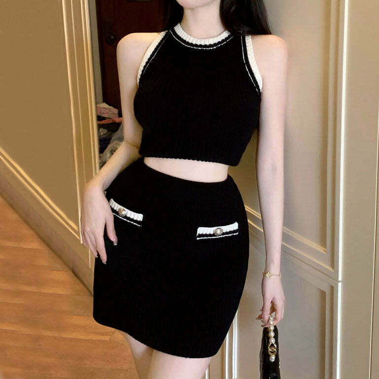 Black Knit Vest & High Waist Skirt Set | Gen Z Fashion, K-POP, Streetwear