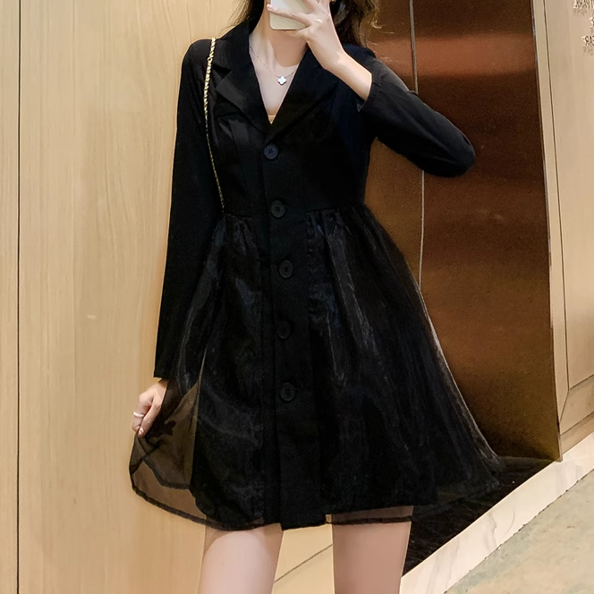 Black Mesh Blazer Collar Dress - Gen Z K-POP Streetwear Y2K Style