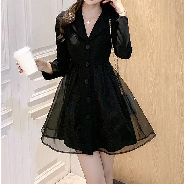 Black Mesh Blazer Collar Dress - Gen Z K-POP Streetwear Y2K Style