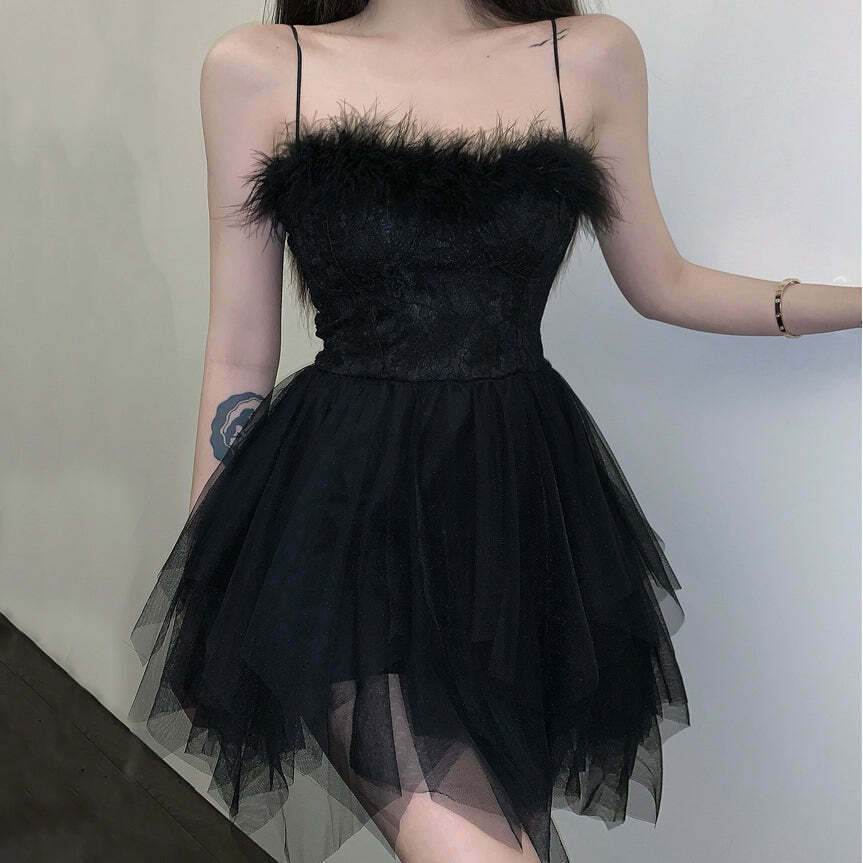 Black Mesh Cami Dress: Gen Z K-POP Streetwear for Y2K Style