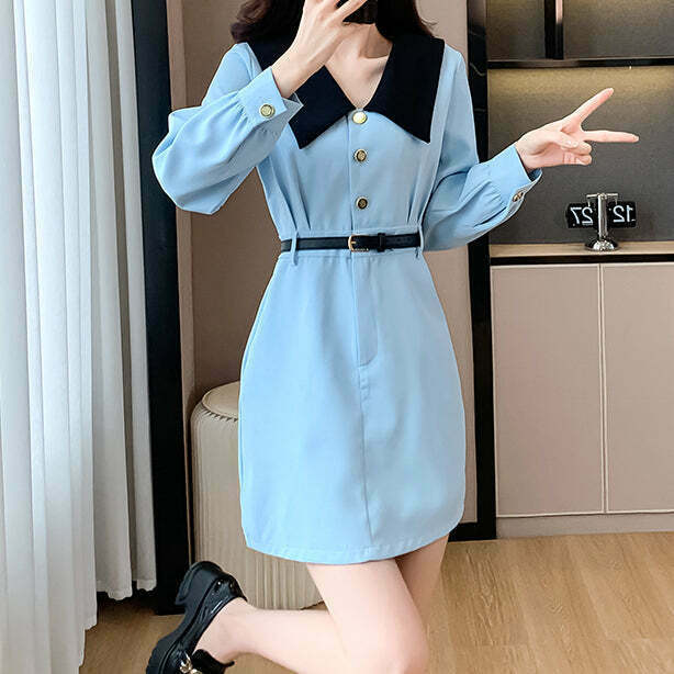 Blue A-Line Shirt Dress with Baby Doll Collar for Gen Z K-POP Streetwear