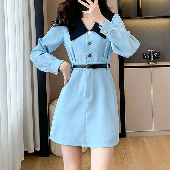 Blue A-Line Shirt Dress with Baby Doll Collar for Gen Z K-POP Streetwear