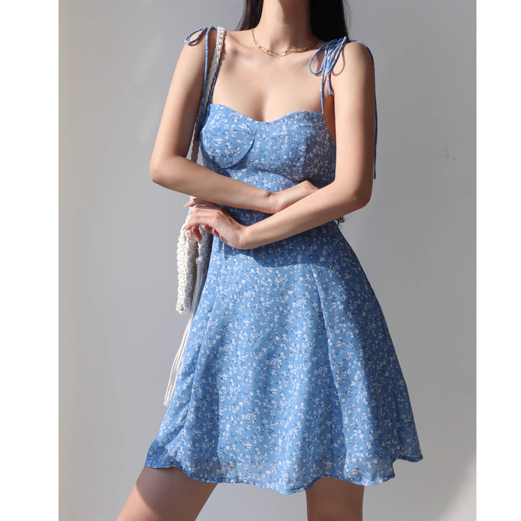 Blue Floral A-Line Cami Dress with Lace-Up Waist | Gen Z Fashion