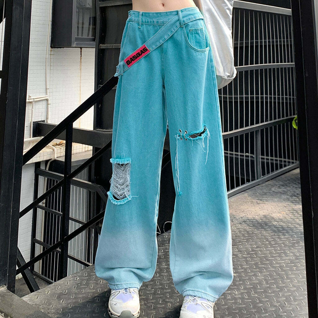 Blue Gradient High Rise Relaxed Jeans for Gen Z K-POP Streetwear