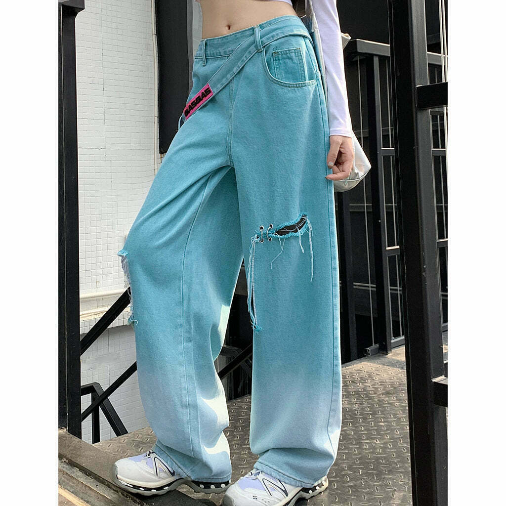 Blue Gradient High Rise Relaxed Jeans for Gen Z K-POP Streetwear