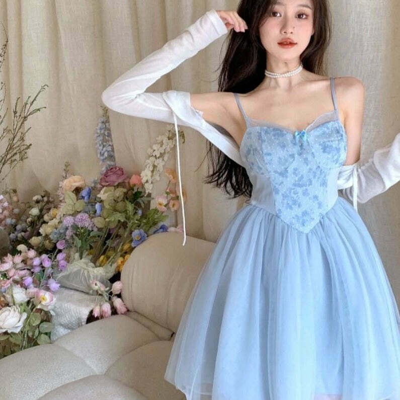 Blue & Rose Calcite Fairycore Kawaii Dress Set with Cardigan