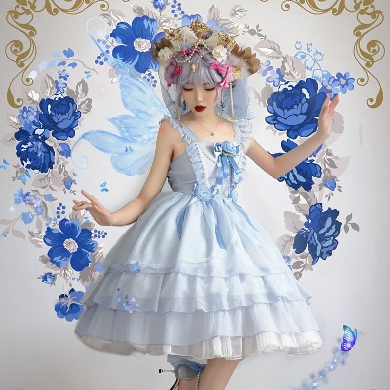 Blue Rose Cottagecore Fairy Princess Kawaii Dress