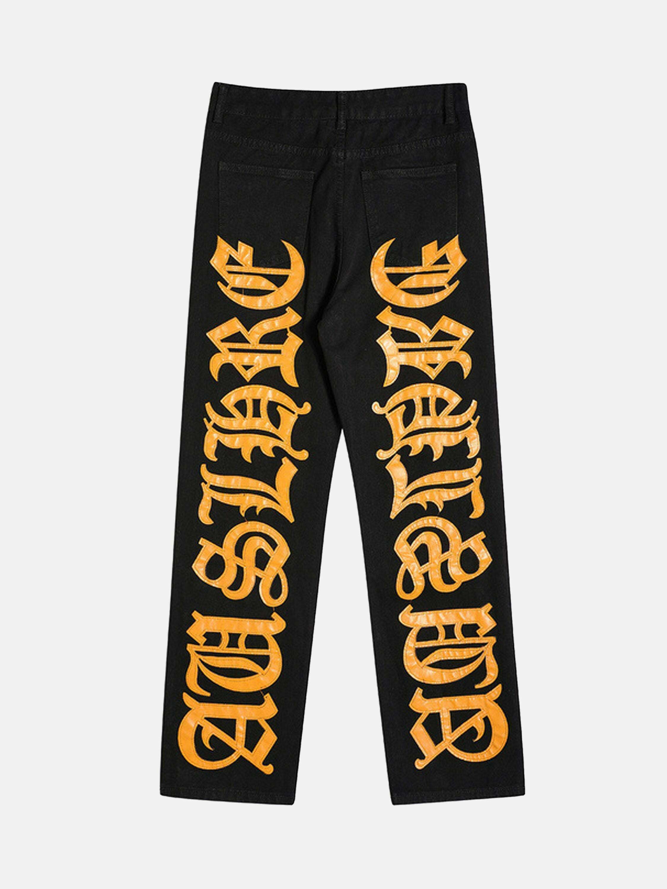 Burning Text Embroidered Letters Gen Z Streetwear Jeans