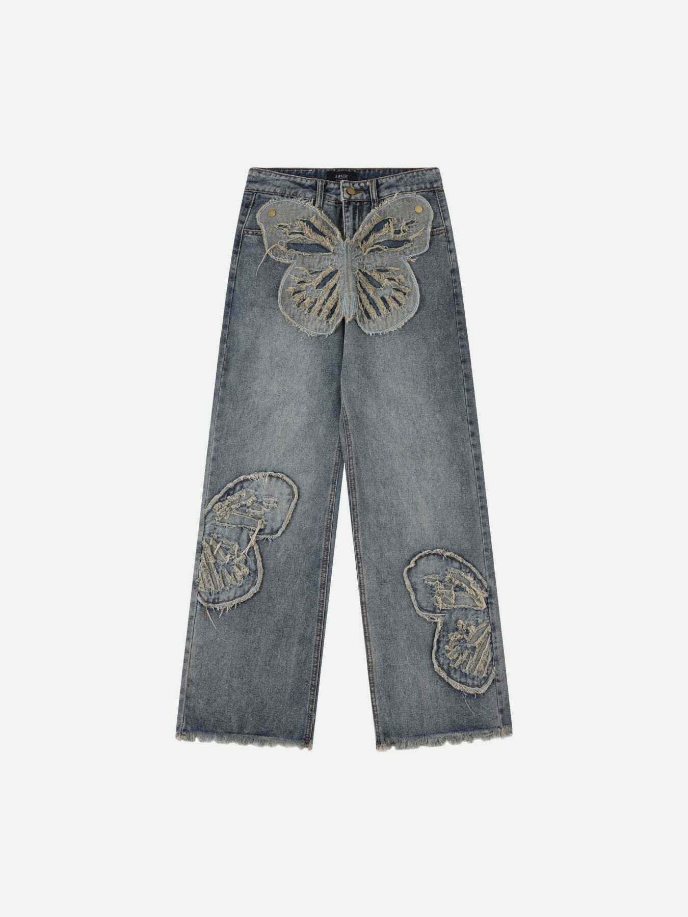 Butterfly Applique Embroidered Denim Jeans for Gen Z Streetwear Fashion