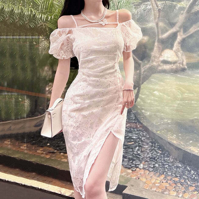 Butterfly White Puff Sleeve Slim Cocktail Dress for Gen Z Fashionistas