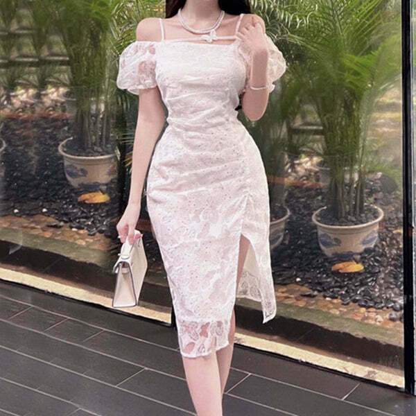 Butterfly White Puff Sleeve Slim Cocktail Dress for Gen Z Fashionistas