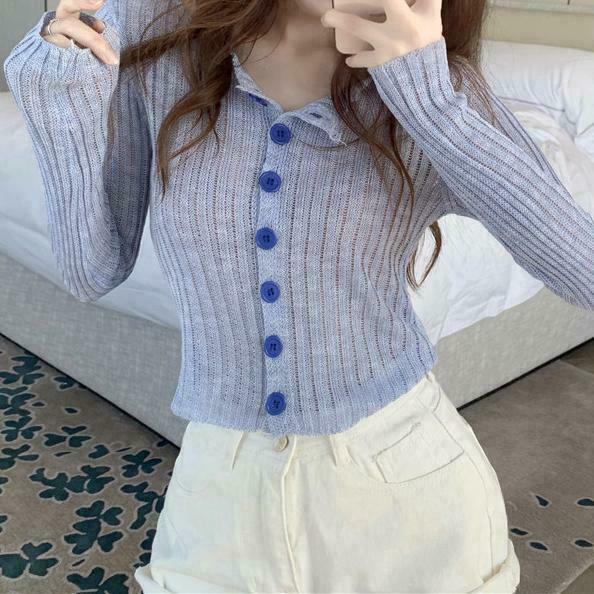 Button-Up Sunscreen Knit Crop Top: Gen Z K-POP Streetwear