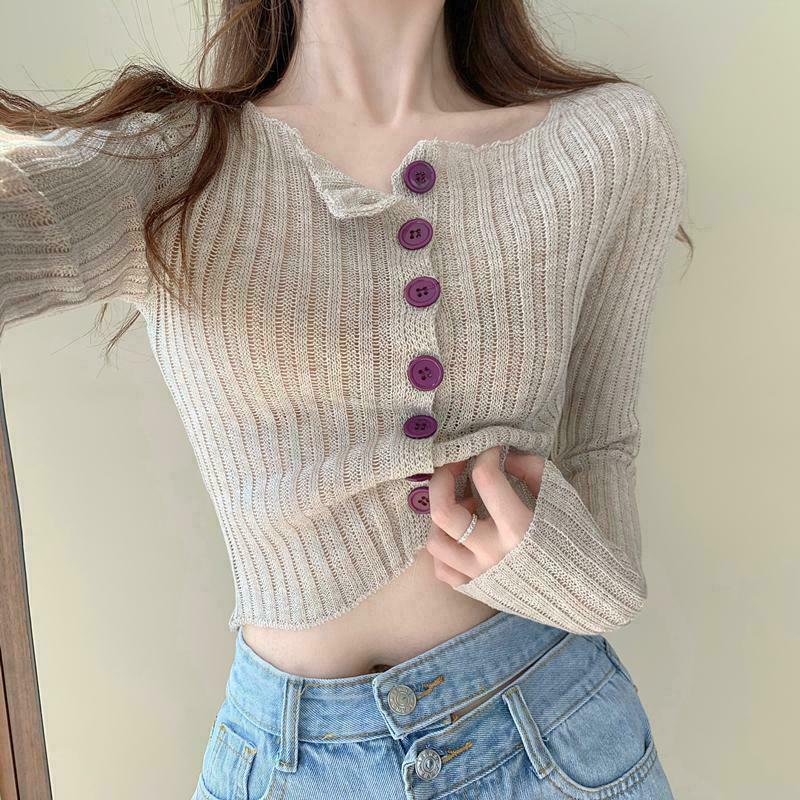 Button-Up Sunscreen Knit Crop Top: Gen Z K-POP Streetwear