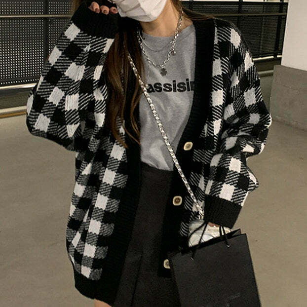 Checkerboard Knit Cardigan: Trendy Gen Z K-POP Streetwear