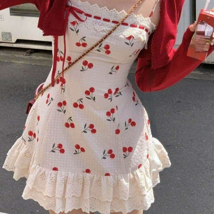 Cherry Blossom Fairycore Kawaii Dress & Cardigan Set for Gen Z Streetwear