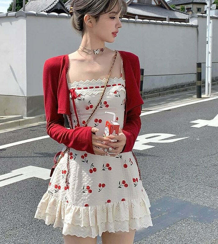 Cherry Blossom Fairycore Kawaii Dress & Cardigan Set for Gen Z Streetwear