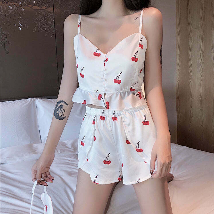 Cherry V-Neck Camisole Shorts Pajama Set for Gen Z Fashionistas