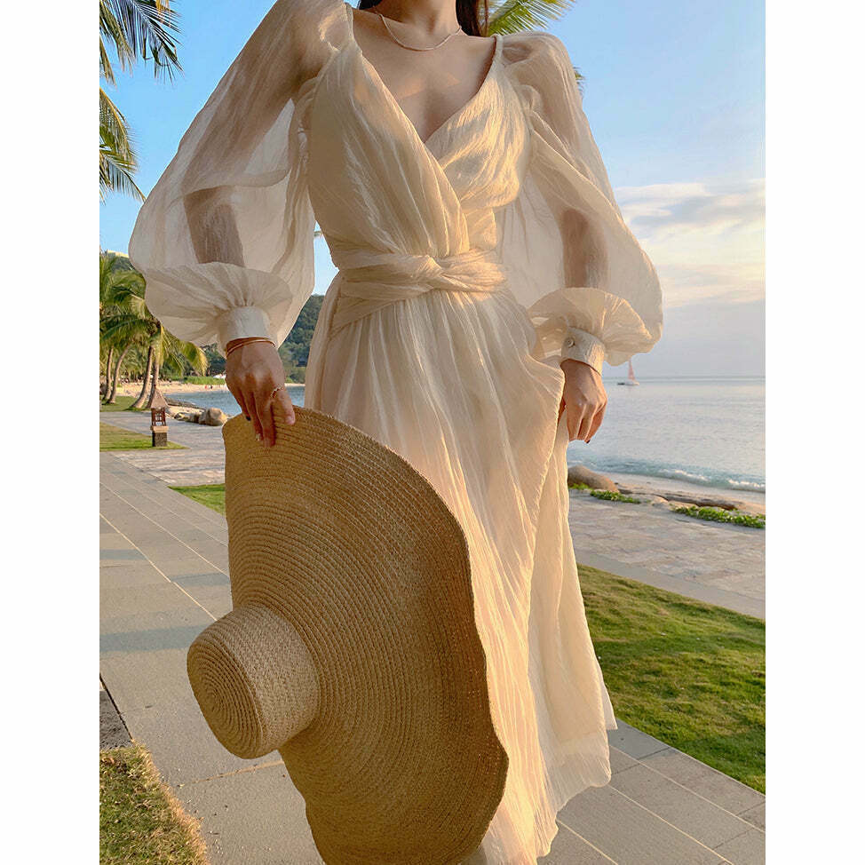 Chic Chiffon V-Neck Long Dress for Gen Z Streetwear Style