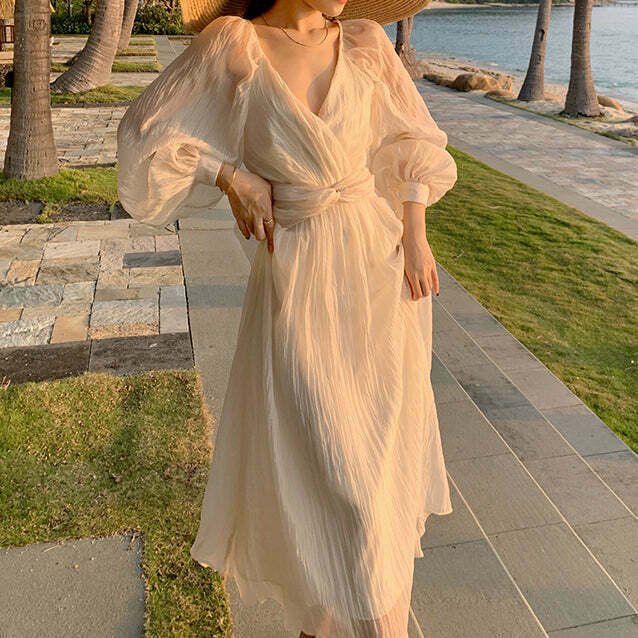 Chic Chiffon V-Neck Long Dress for Gen Z Streetwear Style