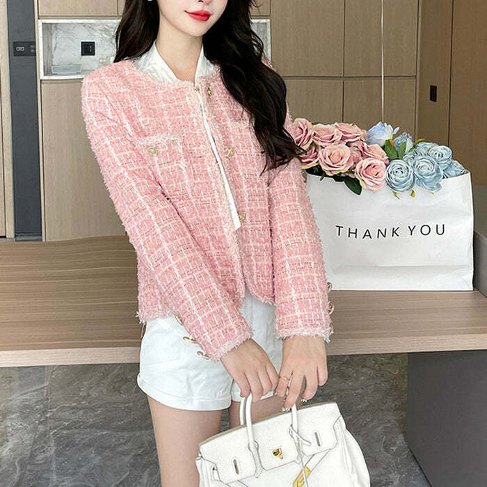 Chic Pink Tweed Jacket: Gen Z K-POP Streetwear Fashion