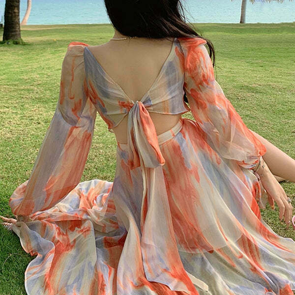 Chic Tie-Dye Chiffon Backless Dress for Gen Z Streetwear