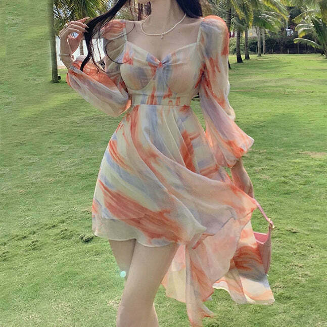 Chic Tie-Dye Chiffon Backless Dress for Gen Z Streetwear