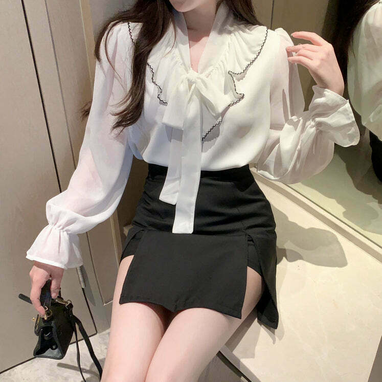 Chiffon Bowknot V-Neck Shirt with Slit Skirt: Gen Z K-POP Streetwear