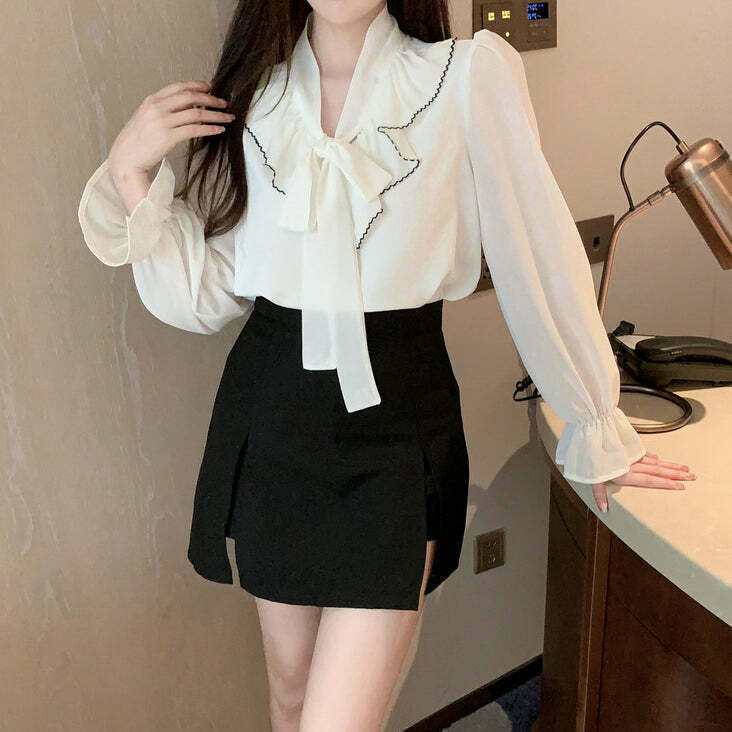 Chiffon Bowknot V-Neck Shirt with Slit Skirt: Gen Z K-POP Streetwear