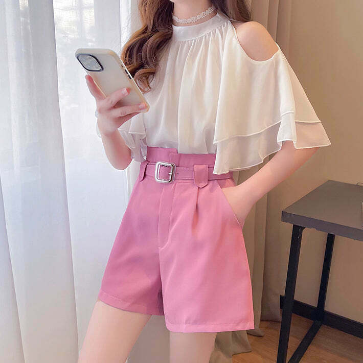 Chiffon Off-Shoulder Top & High Waist Shorts Set for Gen Z Fashionistas