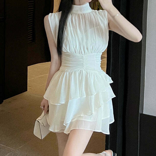 Chiffon Sleeveless White Dress Set | Gen Z K-POP Streetwear Y2K