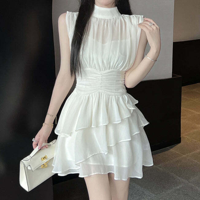 Chiffon Sleeveless White Dress Set | Gen Z K-POP Streetwear Y2K