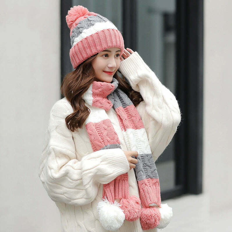 Color Block Knitted Hat Scarf Set with Faux Fur Pom-Pom - Gen Z Fashion, K-POP, Streetwear, Y2K