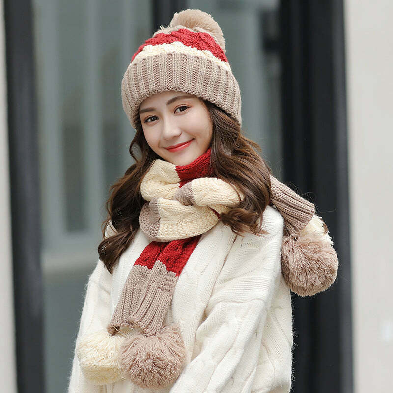 Color Block Knitted Hat Scarf Set with Faux Fur Pom-Pom - Gen Z Fashion, K-POP, Streetwear, Y2K