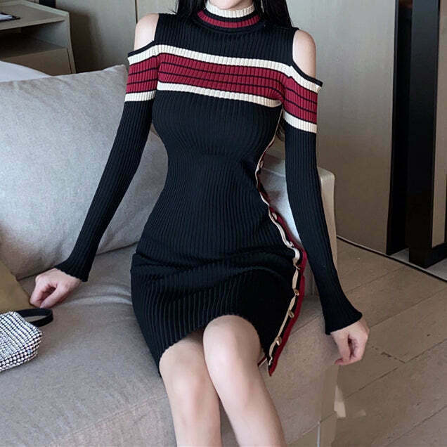 Colorblock Off-Shoulder Knit Dress: Gen Z K-POP Streetwear Y2K Style