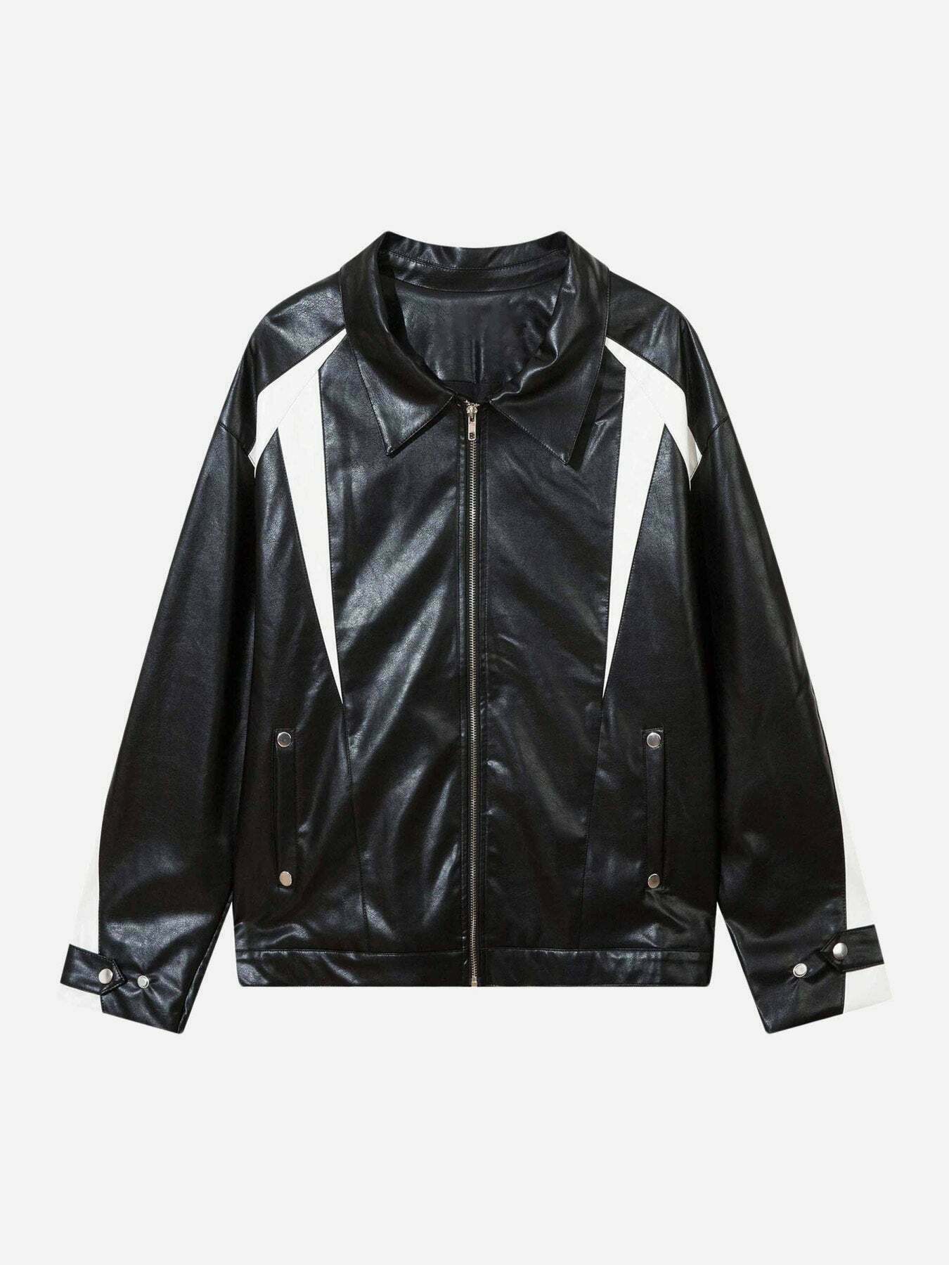 Colorblocked Leather Jacket with Lapel Detail - Trendy Gen Z Streetwear