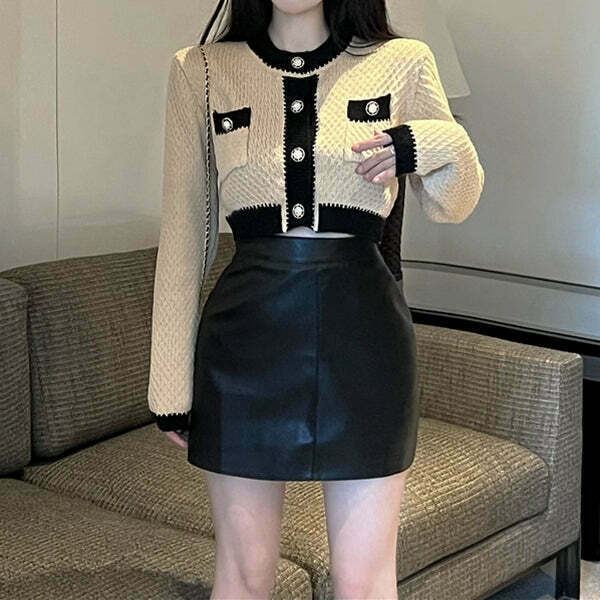 Contrast Color Cropped Cardigan with Leather Skirt Set for Gen Z Fashionistas