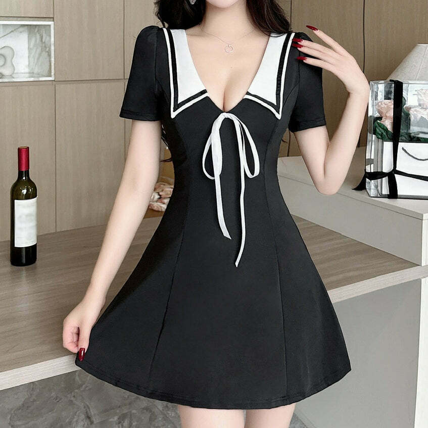 Contrast Color Lapel Short Sleeve Dress for Gen Z Streetwear