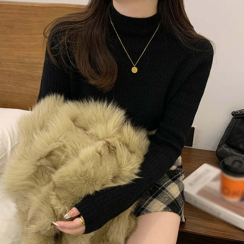 Cozy Mink Velvet Half Turtleneck Sweater for Gen Z Streetwear Style