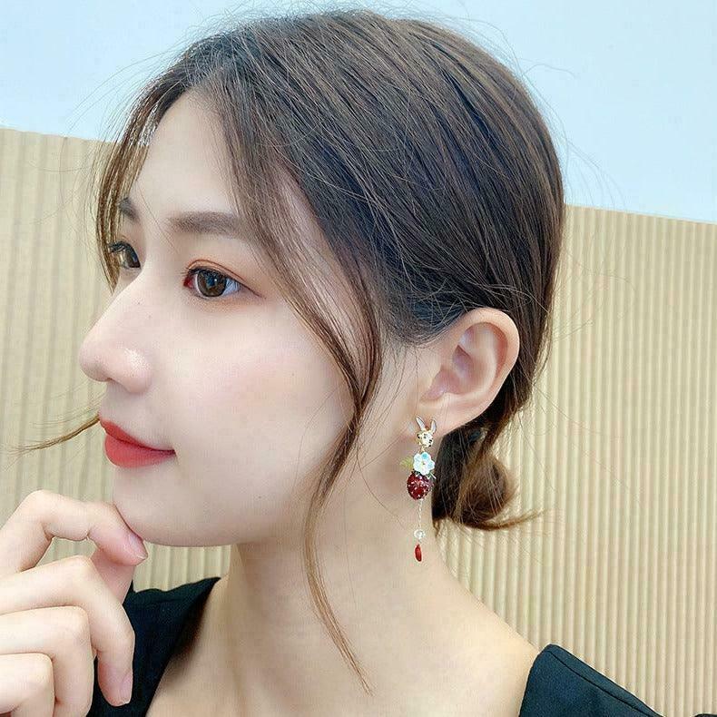 Cute Bunny Strawberry Fields Earrings for Gen Z K-POP Streetwear