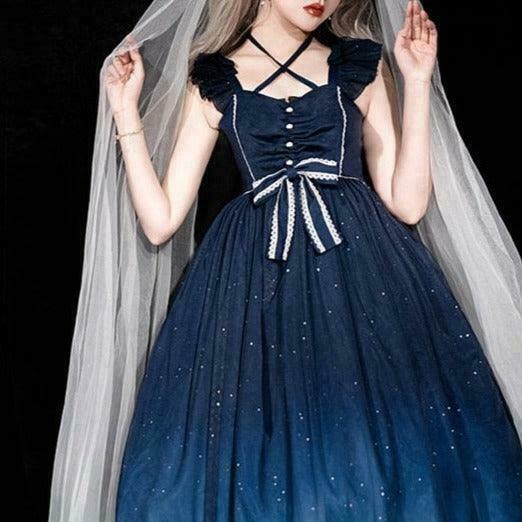 Dark Fairycore Princess Dress with Crystalline Stars