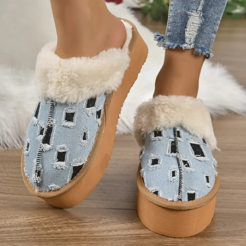 Denim Fur Slippers: Trendy Gen Z K-POP Streetwear for Y2K Style