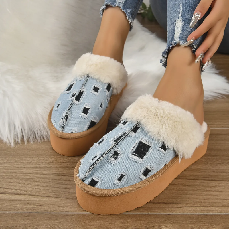 Denim Fur Slippers: Trendy Gen Z K-POP Streetwear for Y2K Style